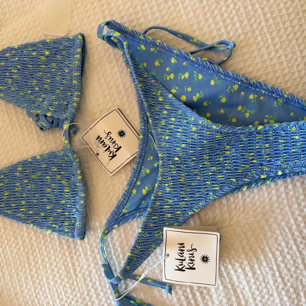 Kulani Kinis Vibrant Blue Bikini with Lime Accents- Small Top Medium Bottom